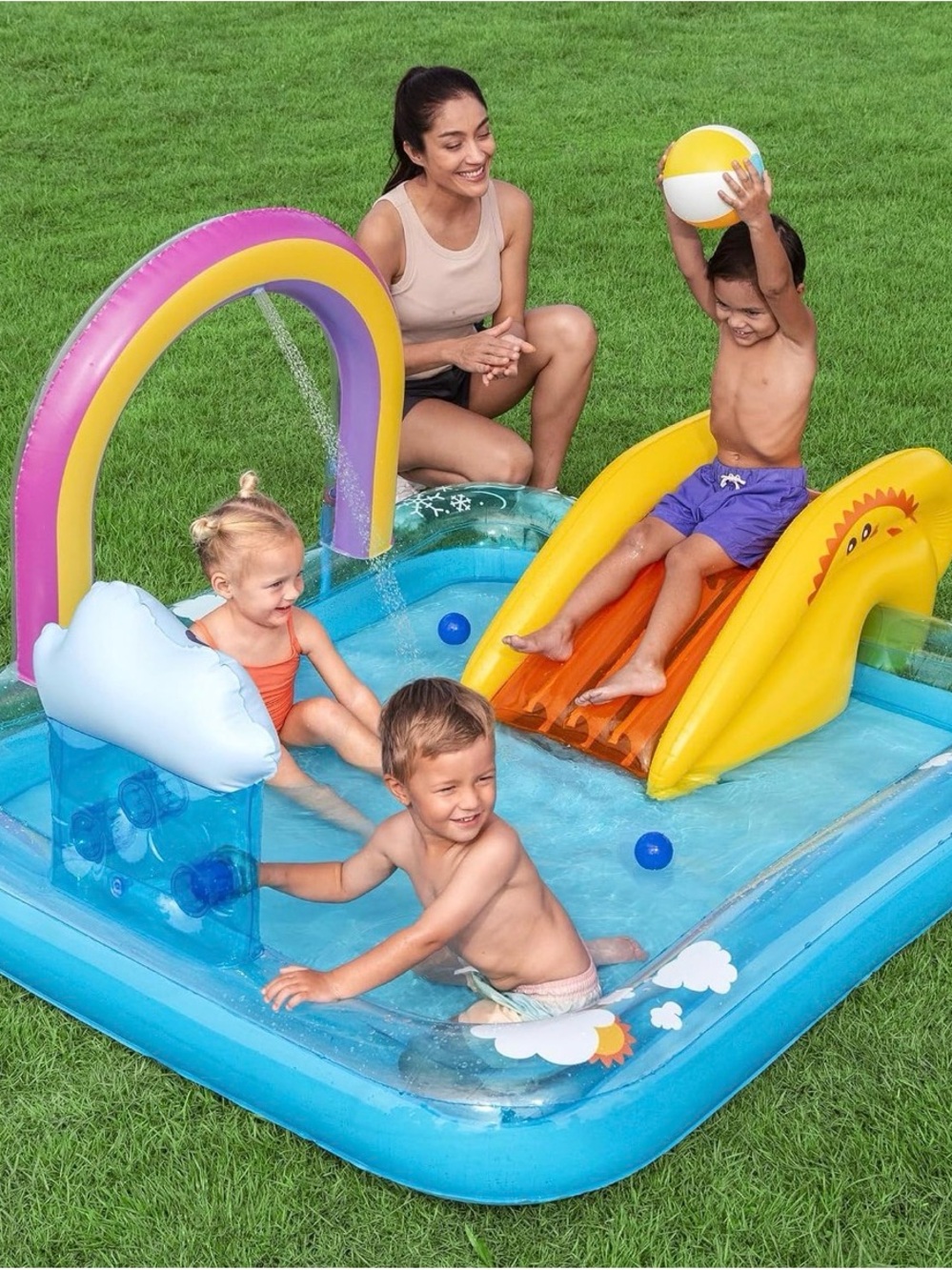 Kids Inflatable Splash Play Pool with Rainbow Arch and Yellow Slide